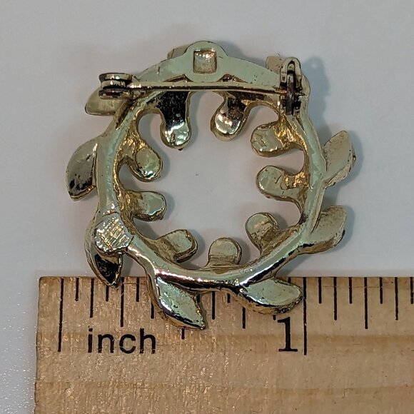 Vintage Gold-Tone Leaf Wreath Pin With Faux Pearls & Rhinestones - Picture 2 of 2